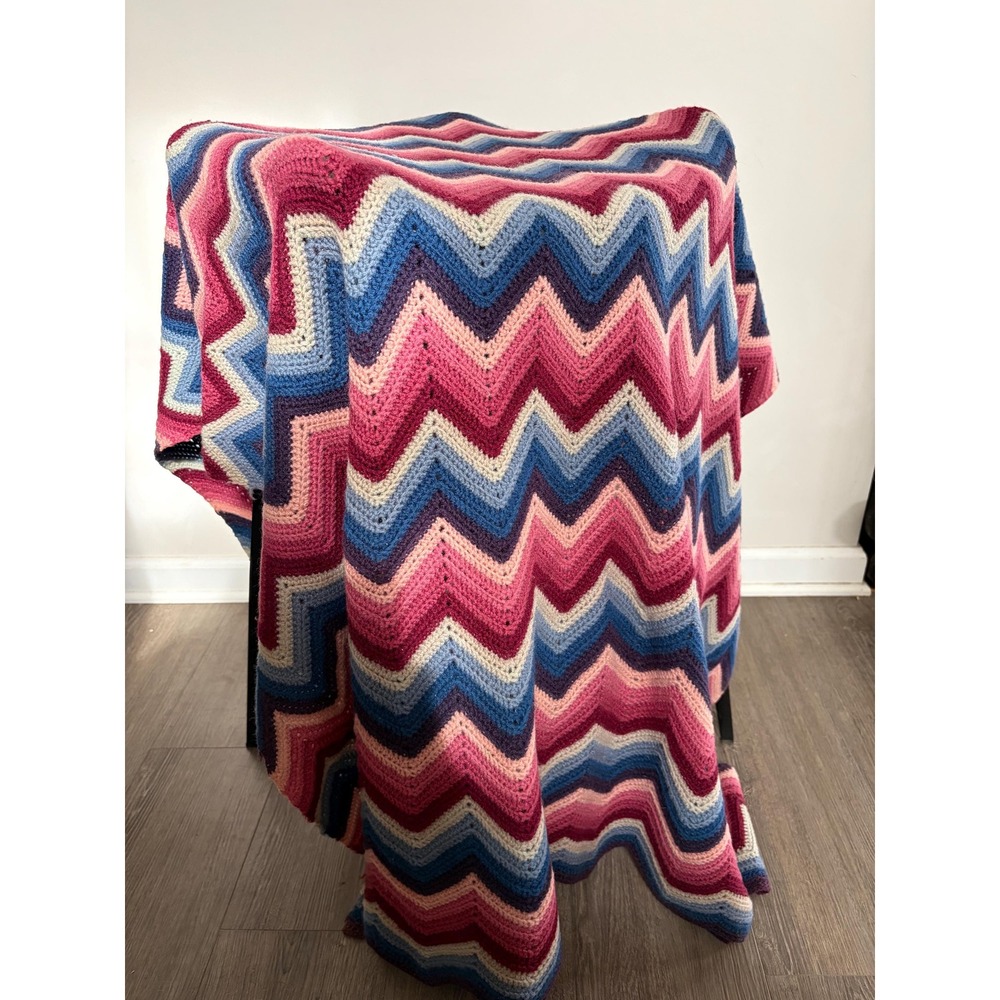 Knitted Afghan Throw Blanket Blue Pink Zig Zag Edge Grandma Core MCM 70s Vintage